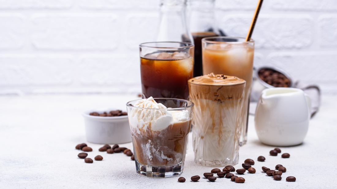 Iced Coffee vs Cold Brew. Cups of cold coffee prepared in various ways.
