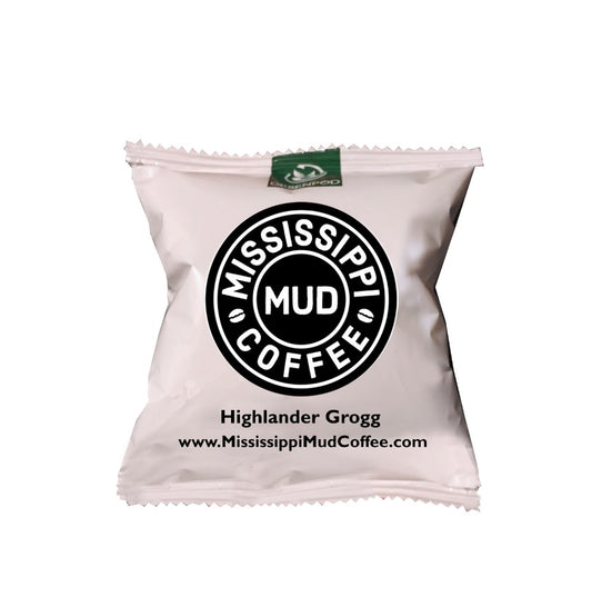 Highlander Grogg compostable coffee pod. Flavored Coffee. Mississippi Mud Coffee. k-cup brewer compatible.